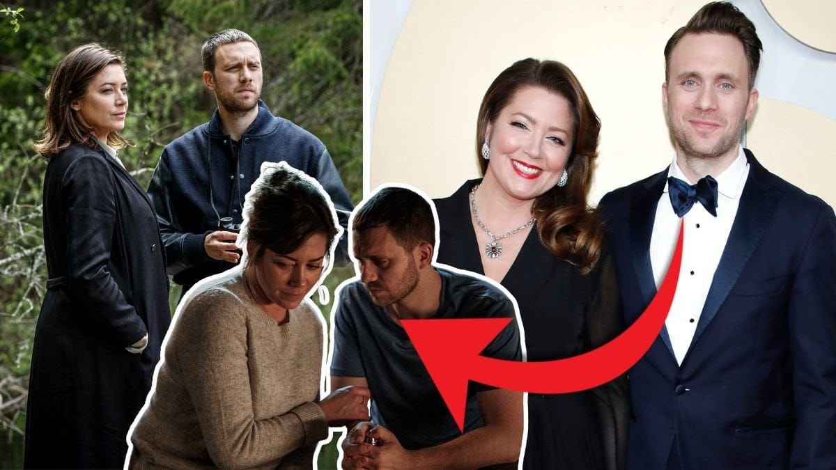 Jennie Silfverhjelm och Martin Wallström som sina karaktärer Alex Beijer och Josef Eriksson och när de poserar på röda mattan