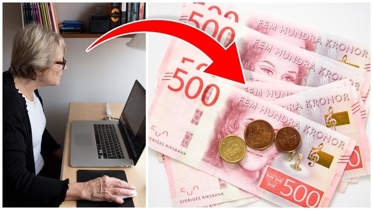 Kvinna som sitter framför dator och svenska femhundra-sedlar. 
