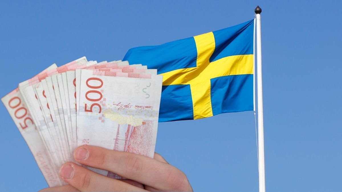 Pengar i handen och svenska flaggan.