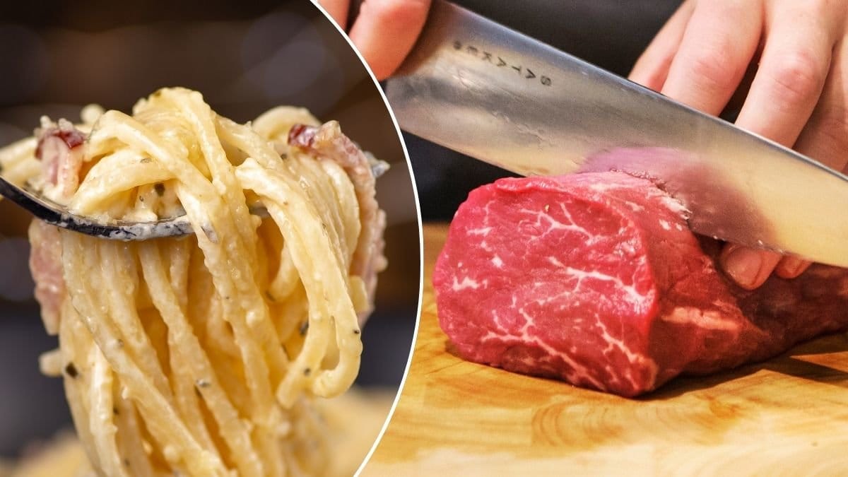 Bilder på en Pasta Carbonara och en oxfilé.