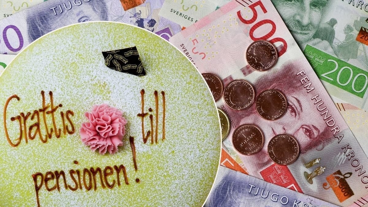 Grattis till pensionen-tårta och sedlar.