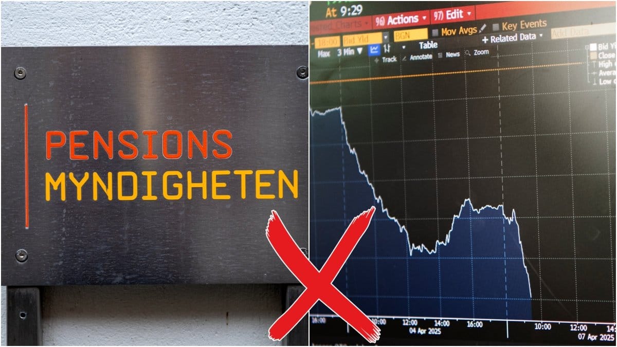 Bild på Pensionsmyndighetens logotyp och en bild på när börsen rasar på en datorskärm. 