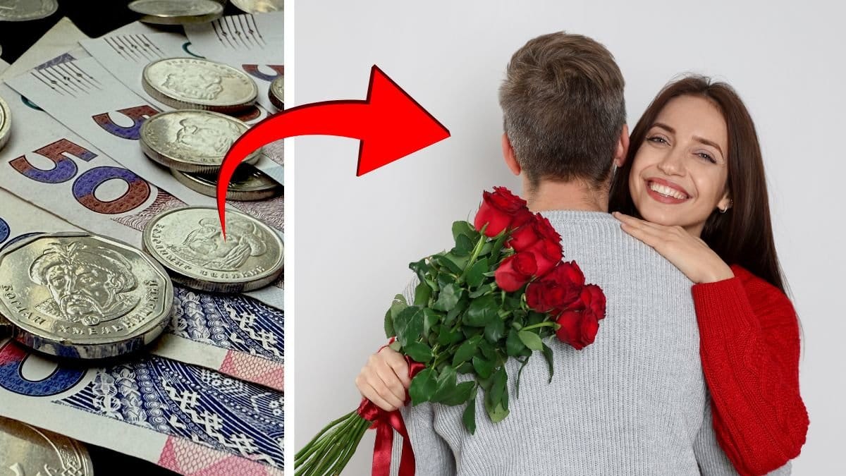 Kontanter och mynt vänster. en kvinna som kramar en man med rosor i handen till höger.