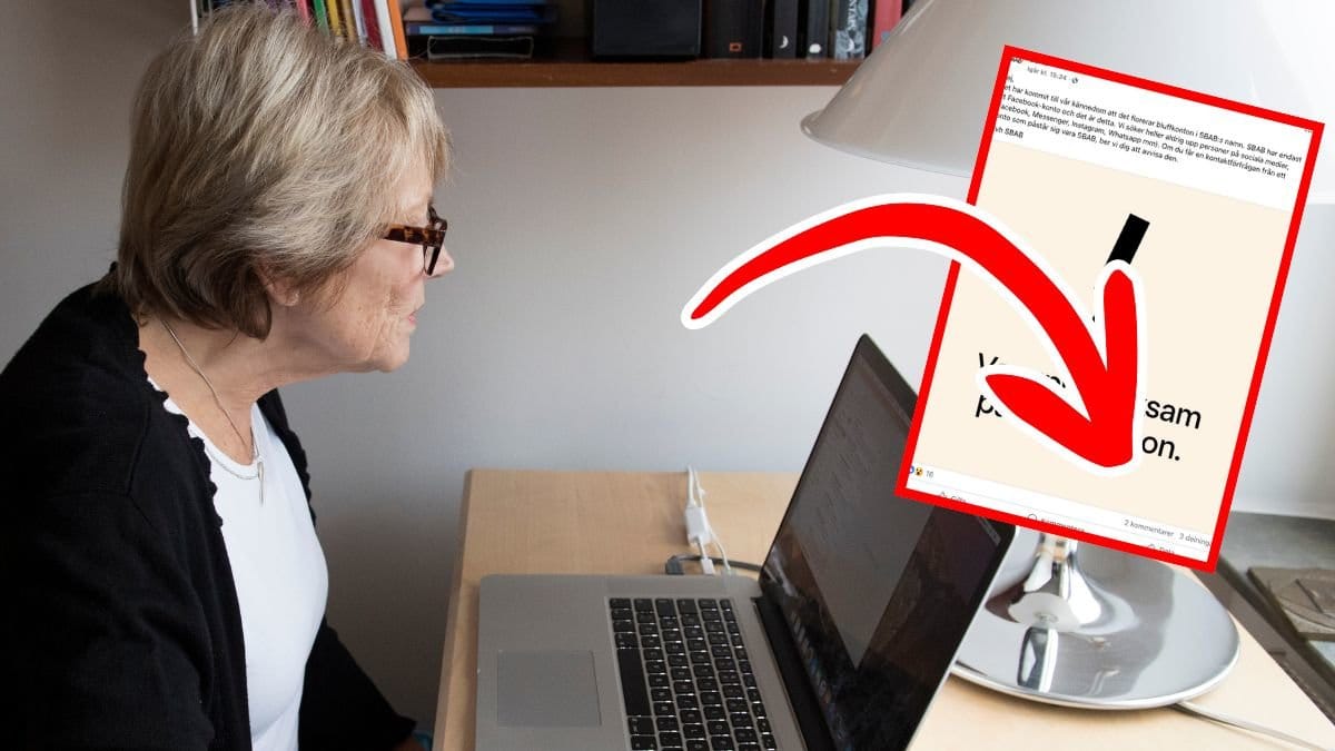 Äldre kvinna framför dator och ett Facebook-inlägg från SBAB