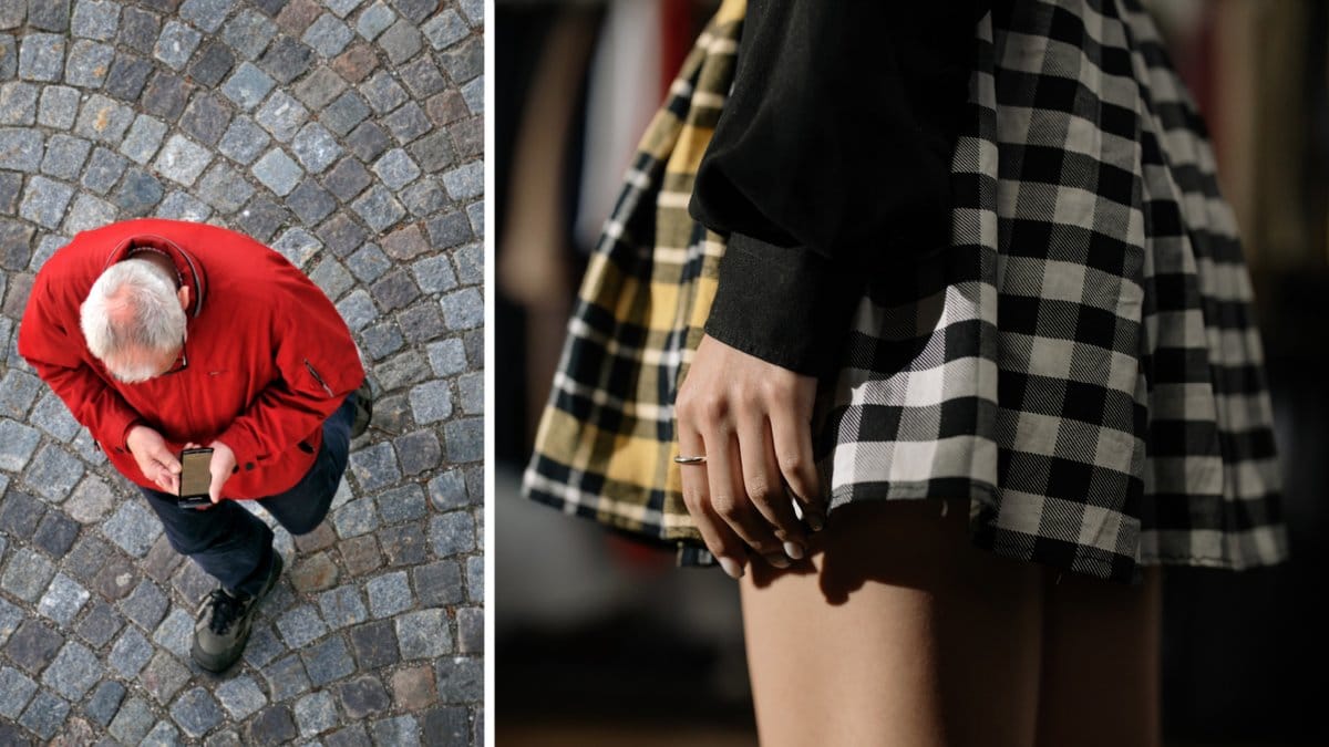 Man med mobil och person i kjol.