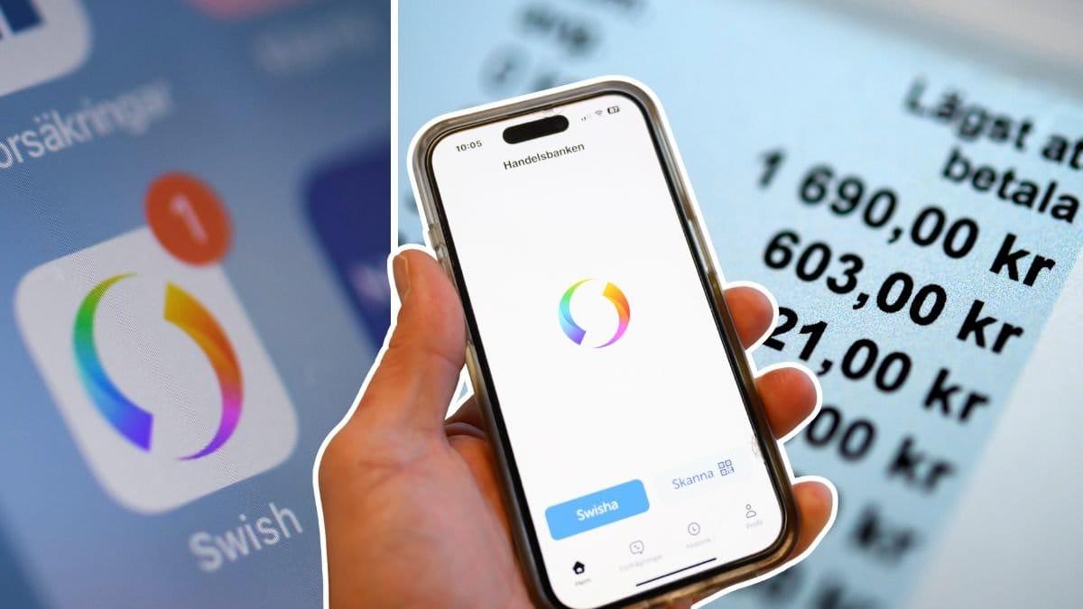 Swish-appen, räkning och en hand med mobiltelefon.