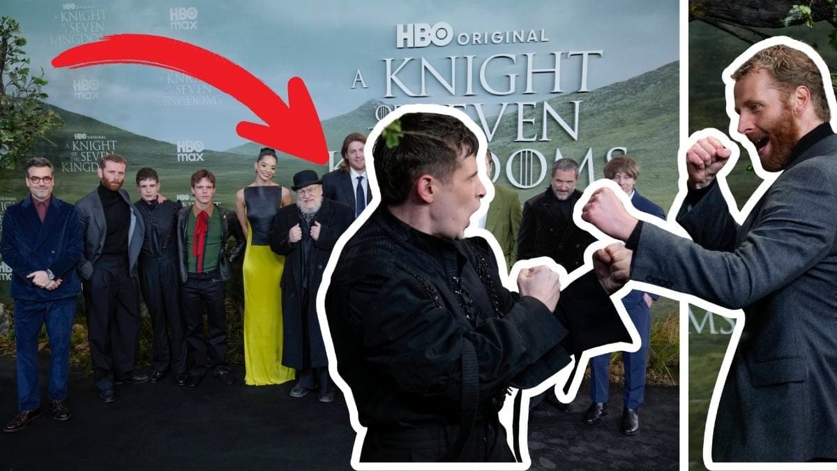 Skådespelarna av serien på röda mattan till vänster.Bild till höger innehåller: Shaun Thomas, till vänster, och Edward Ashley poserar tillsammans för fotografer vid ankomsten till världspremiären av A Knight of the Seven Kingdoms. 