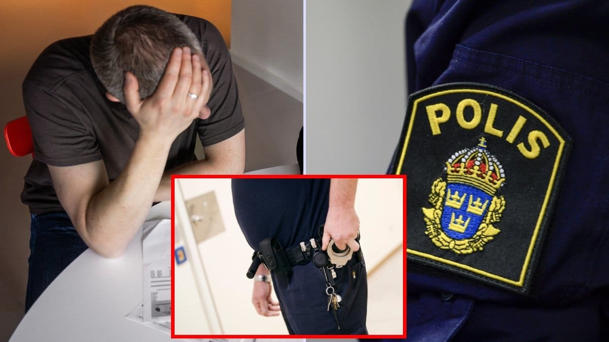 En man, handfängsel och en polis.