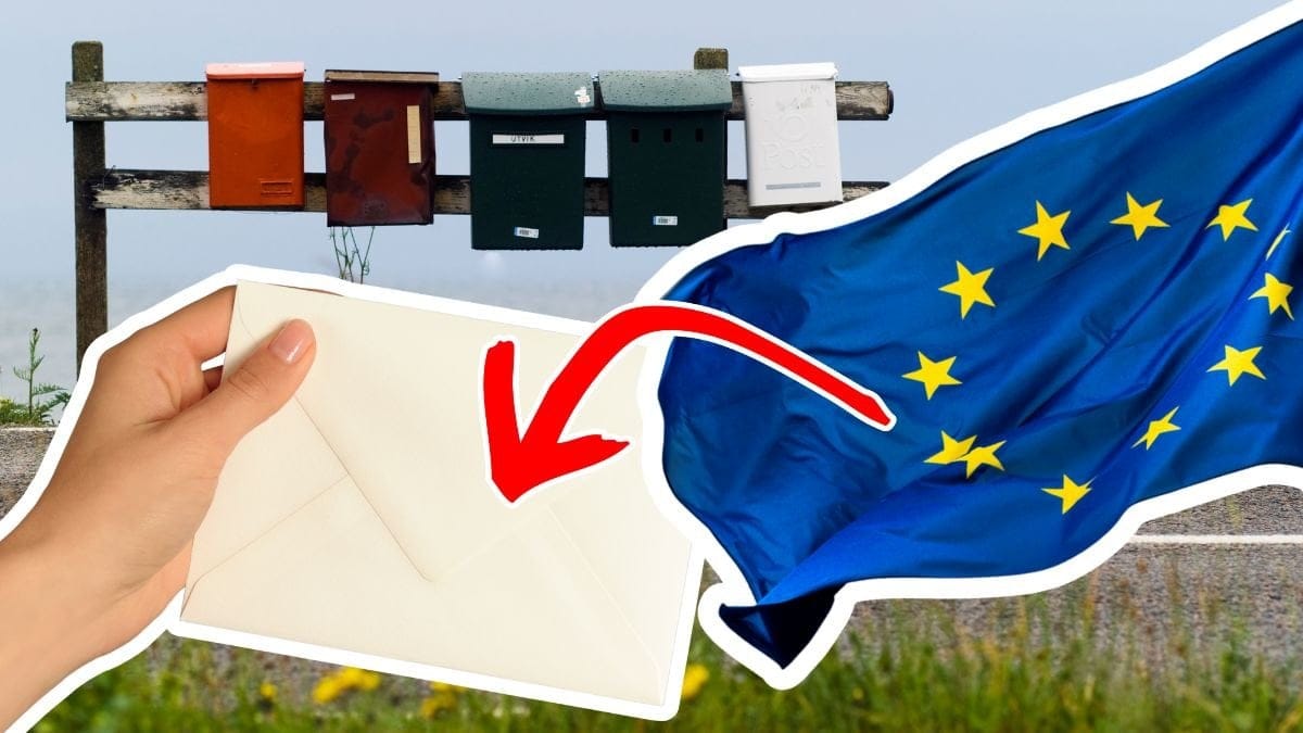 Hand med kuvert, brevlådor och en EU-flagga