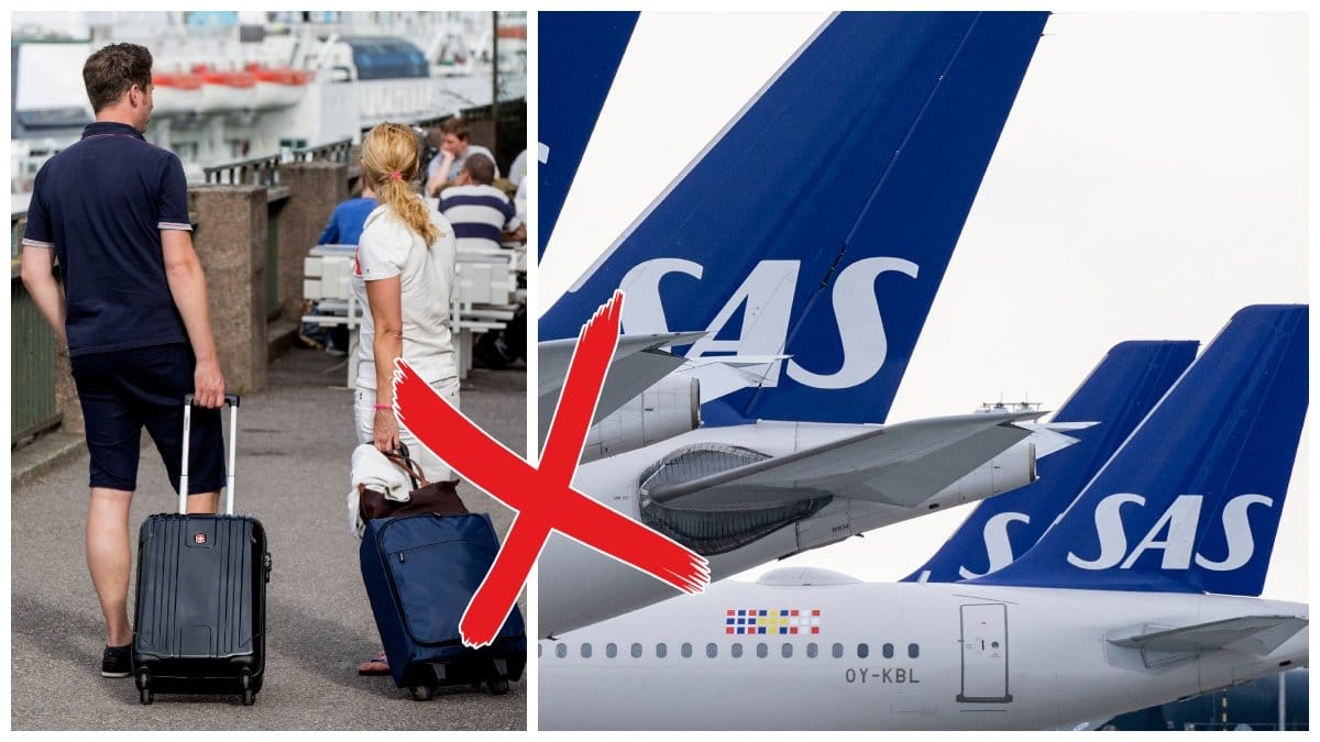 Två personer med resväskor och flera SAS-flygplan. 