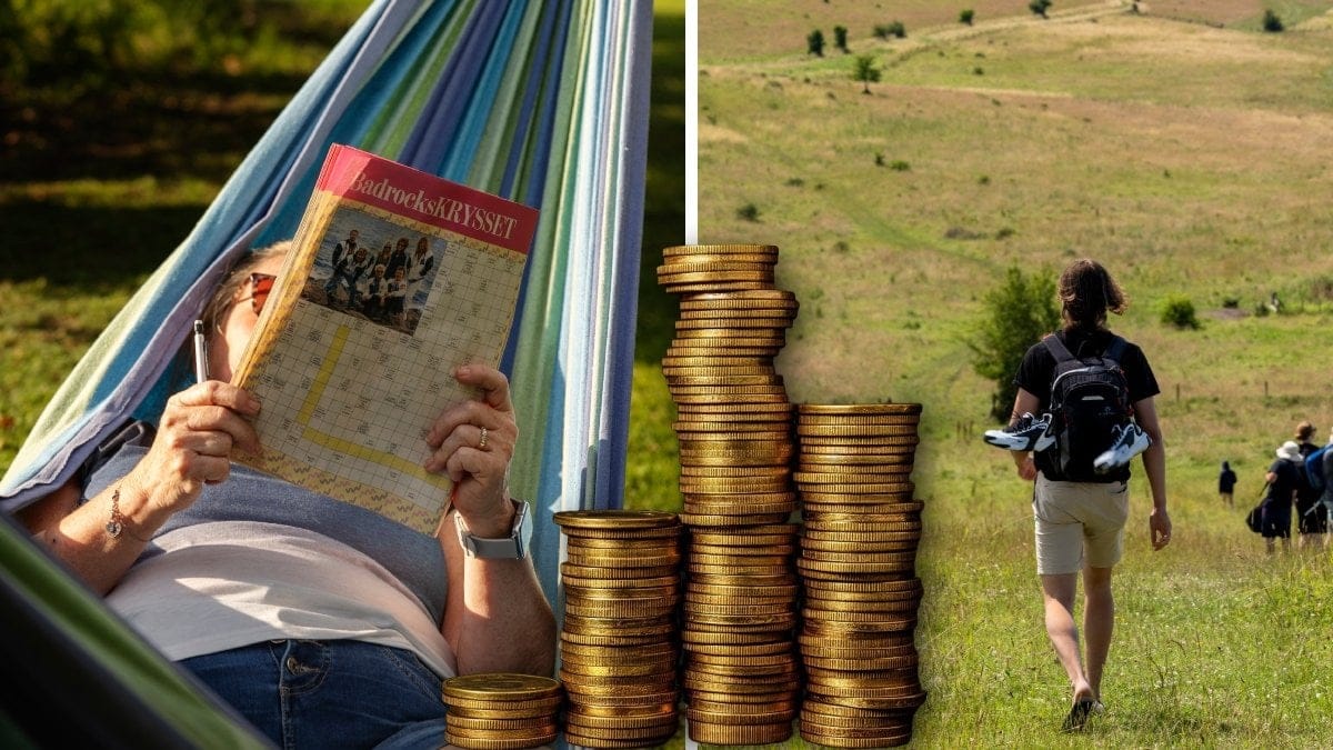 En kvinna ligger i en hammock och löser korsord och en man vandrar på en svensk äng.