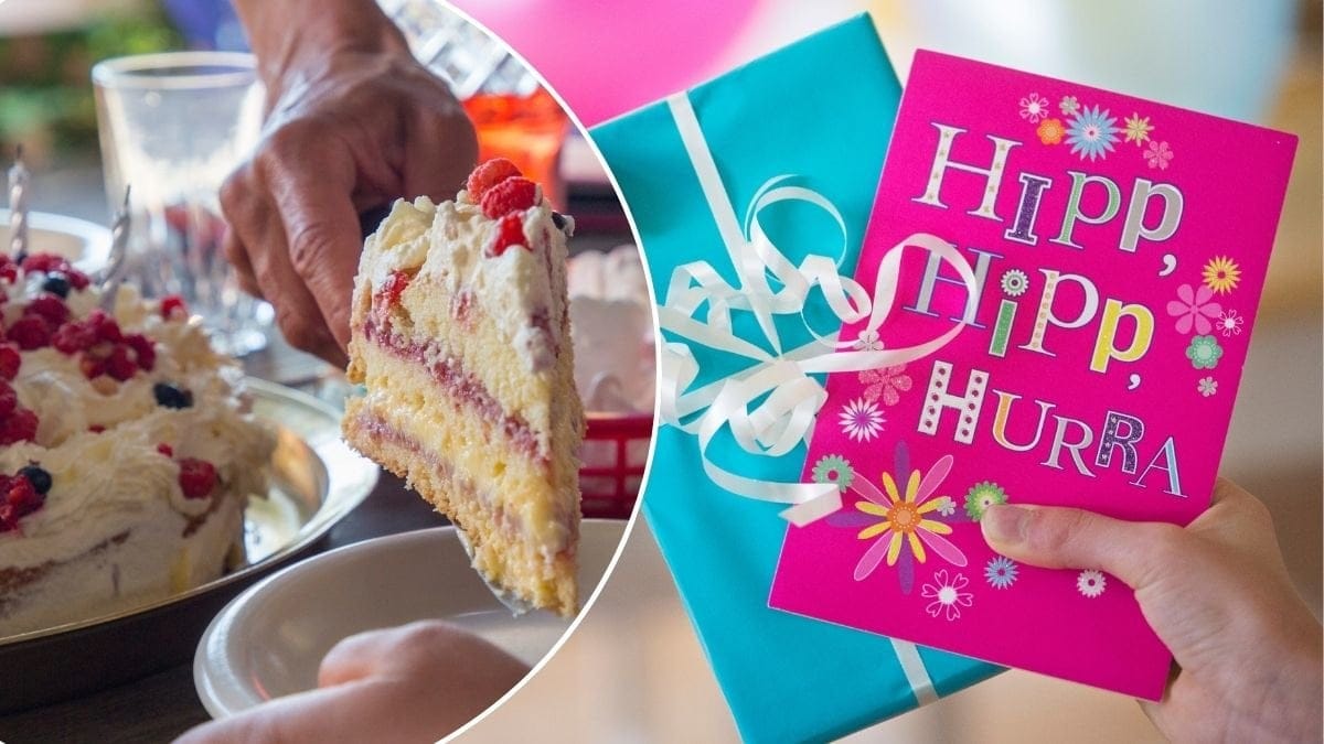 Bilder på födelsedagstårta och kort.