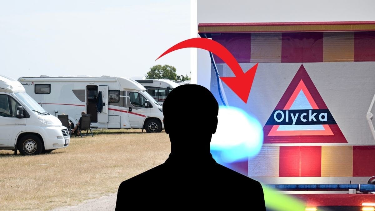 Husbilar till vänster. Olycka skylt till höger. svart siluett av en man i mitten. 