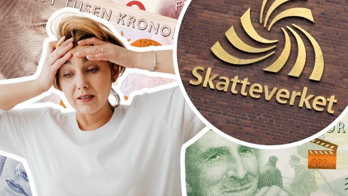 Orolig kvinna, svenska sedlar och Skatteverkets skylt på en fasad