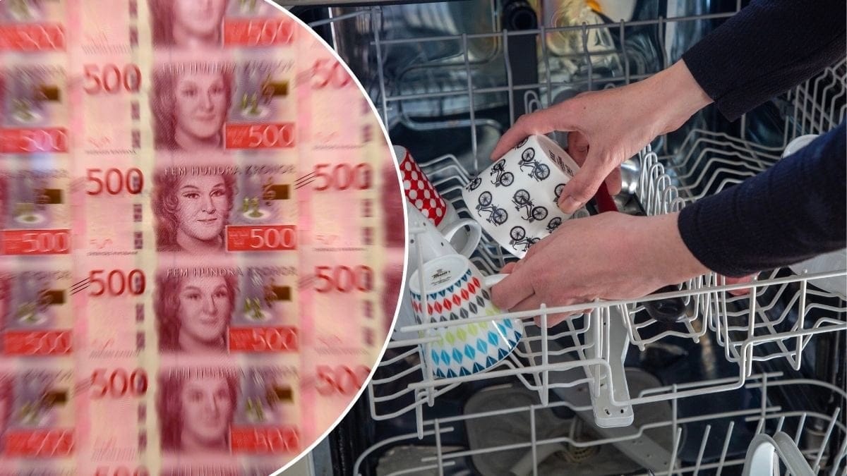 Bilder på en diskmaskin och nya sedlar.