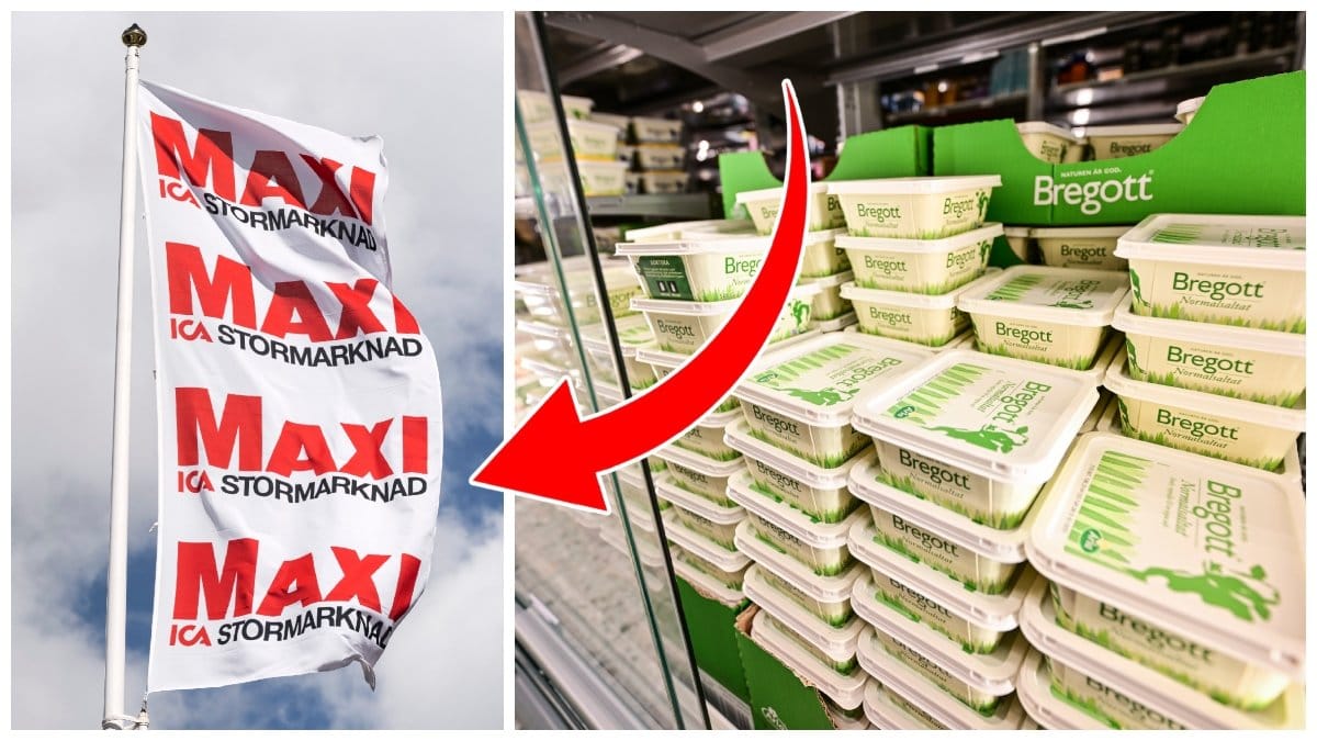 Ica Maxi-flagga och en kyl med Bregott. 