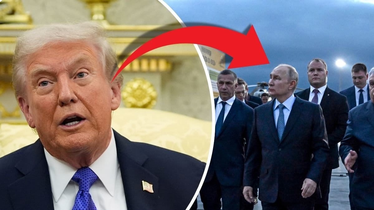 Trump till vänster. Putin på en av oljestationerna till höger. Röd pil pekar från Trump till Putin. 