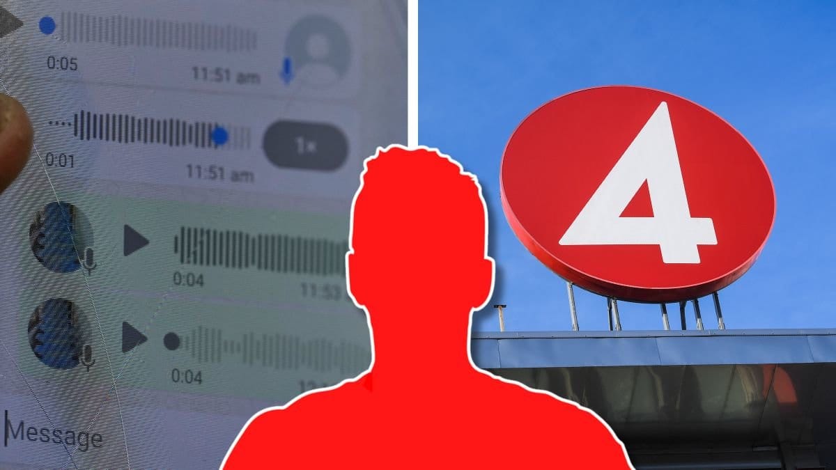 TV4-profil åtalas för sexköp. Övergripande bilder på TV4 logotypen och en röd siluett.