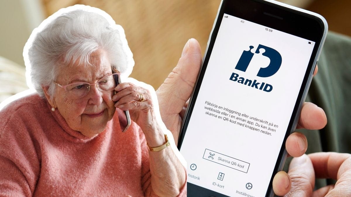 Kvinna pratar i telefon och BankID-appen.