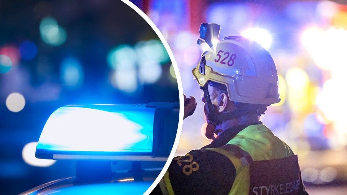 Blåljus polis vänster. Brandman höger.