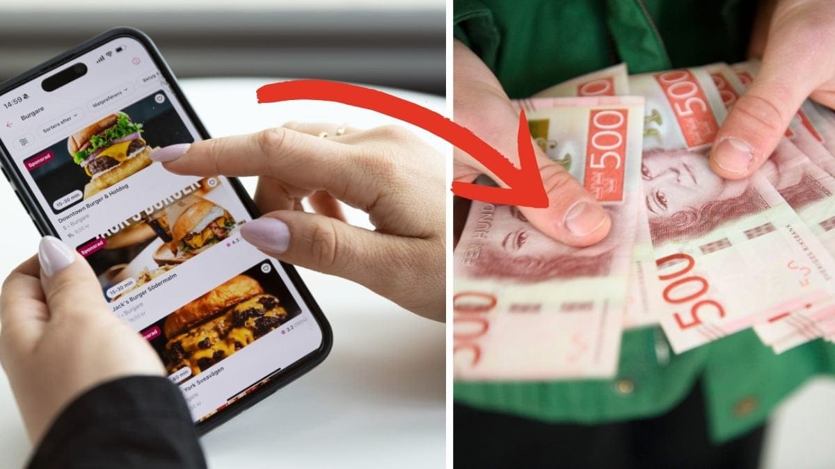 Mobil som beställer hämtmat till vänster. Kontanter till höger.