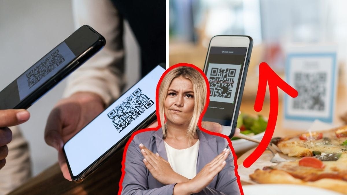 Telefon med QR-kod vänster. Mobil med QR-kod med mat i bakgrunden till höger. En kvinna sätter hennes händer i ett kryss utklippt i mitten.