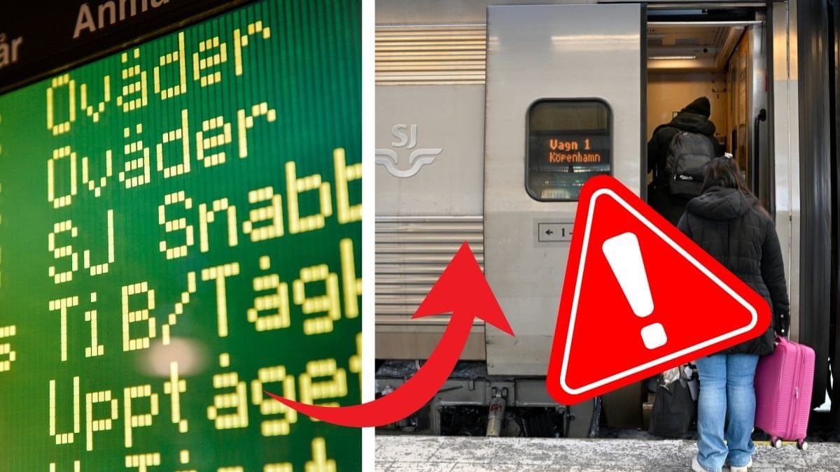 Tågtabell till vänster, en person hoppar på ett SJ-tåg till höger. En röd varingskylt till höger. En röd pil pekar på tågtids-tabellen.