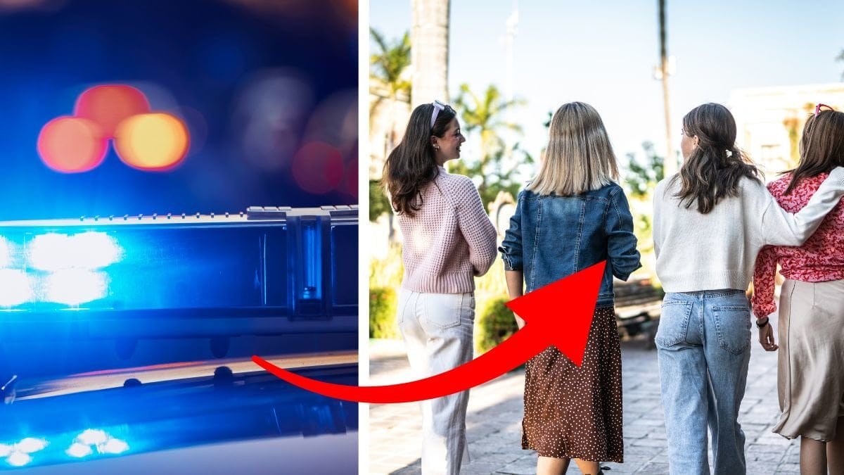 Blåljus vänster. Fyra unga kvinnor gående bakifrån höger.