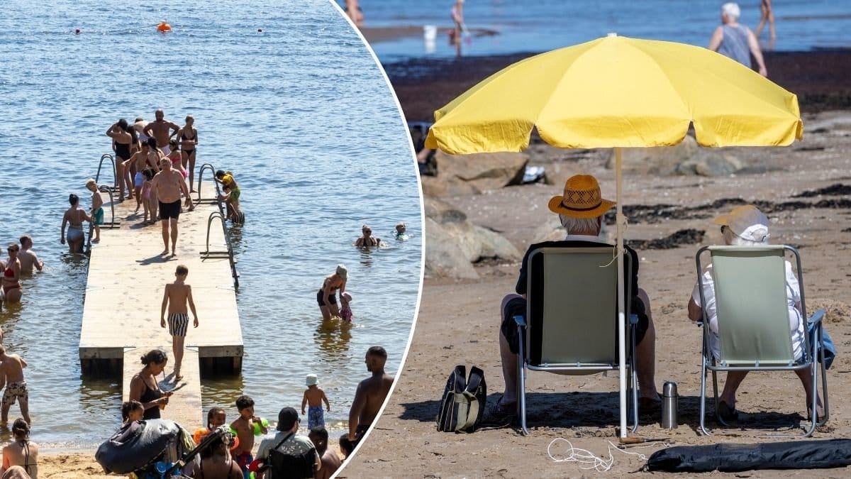En strand med ett äldre par under ett parasol och en badbrygga.