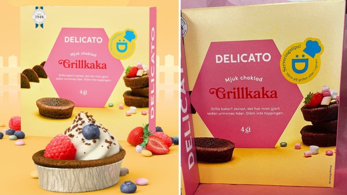 Två bilder på Delicatos nya grillkaka.
