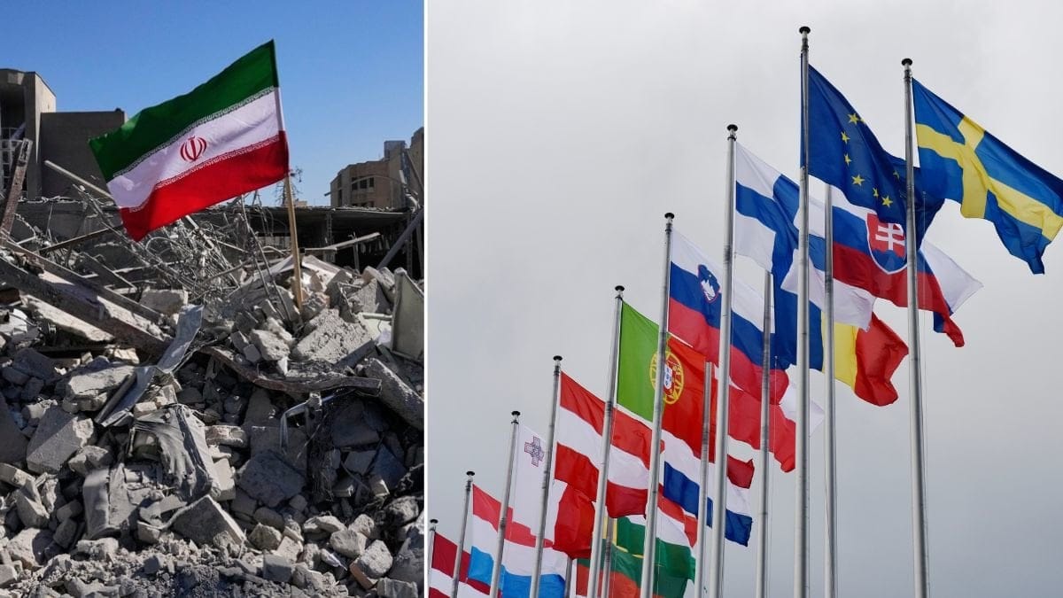 Rasmassor i Iran, Irans flagga och Europeiska flaggor.