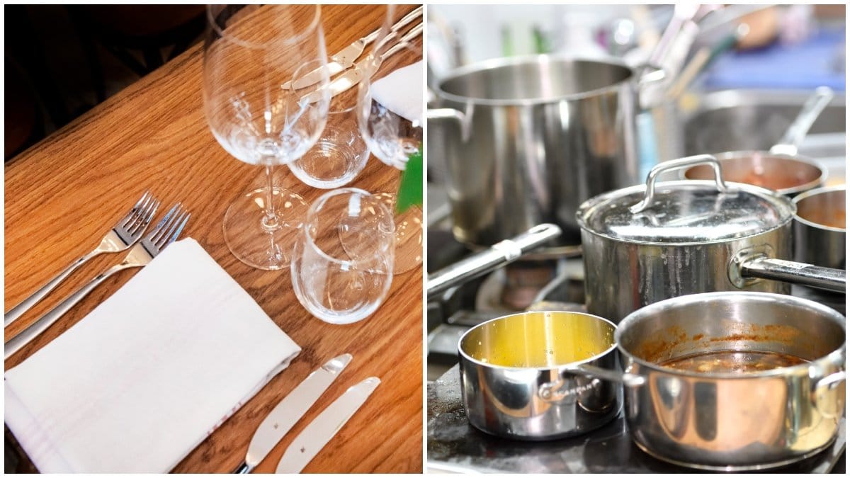 Ett dukat restaurangbord och en spis med massa kastruller.