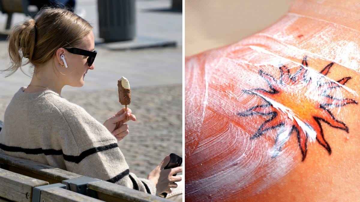 Bild på en kvinna i solen och en axel med solkräm.
