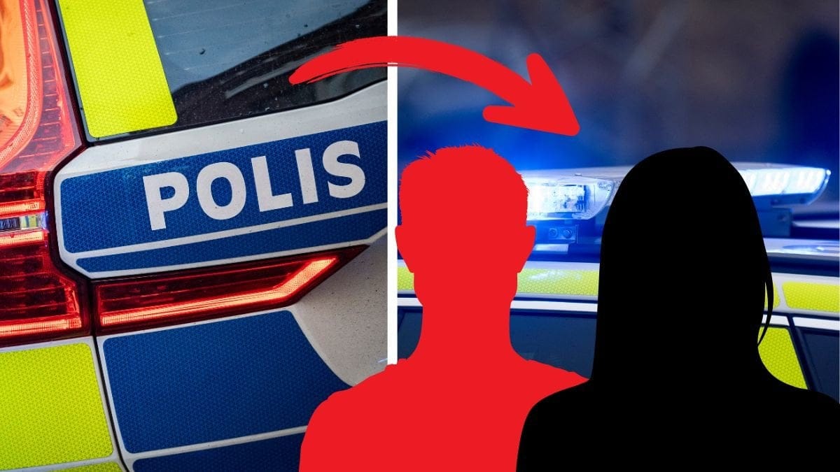 polisbil vänster, blåljus höger. Svart siluett kvinna och röd siluett man till höger.
