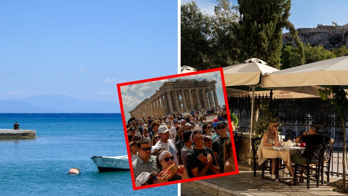 Bilden till höger visar ett blått hav. Bilden i mitten visar ett folkhav vid Akropolis i Aten. Bilden till höger visar turister som äter på en restaurang.