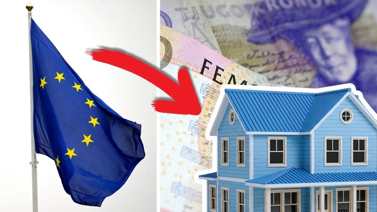 EU-flaggan och svenska pngar samt ett hus. 