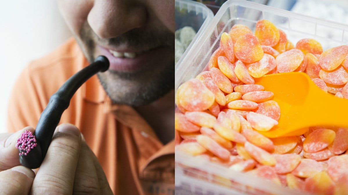 veganskt lösviktsgodis i form av lakrispipor och persikor