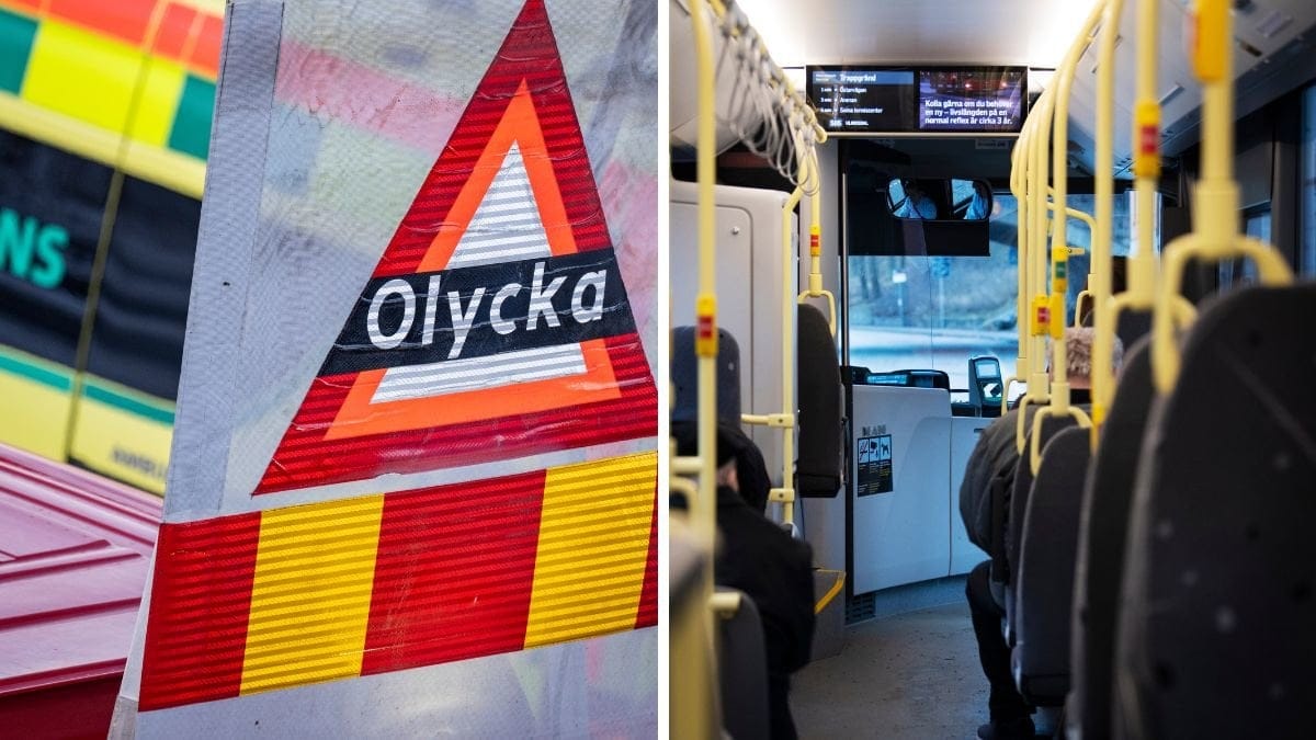 Olycka skylt till vänster. Insidan av en buss till höger. 