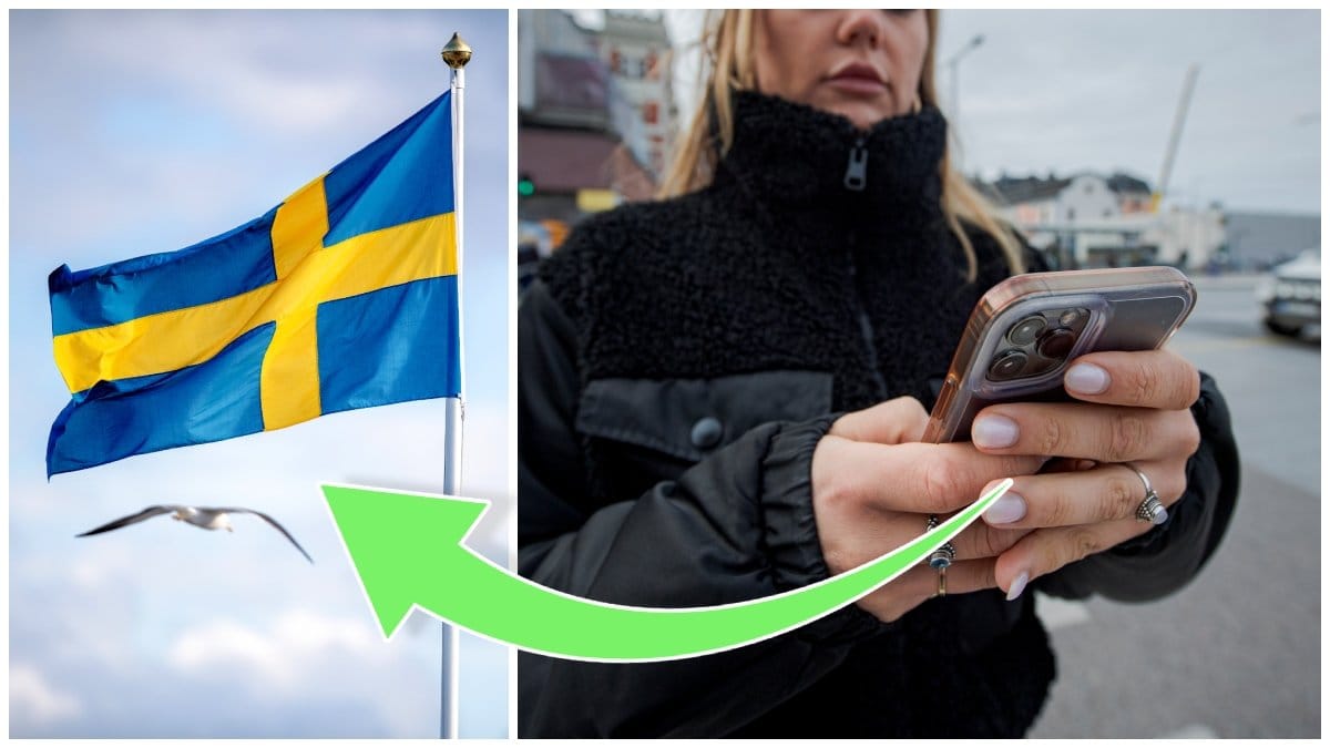 Sverige-flagga som vajar i vinden och en kvinna som håller i en mobiltelefon.