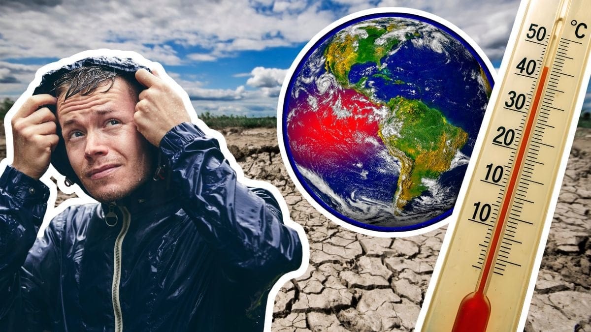 Man i regnjacka, torrt landskap, El Niño markerad på planet och termometer