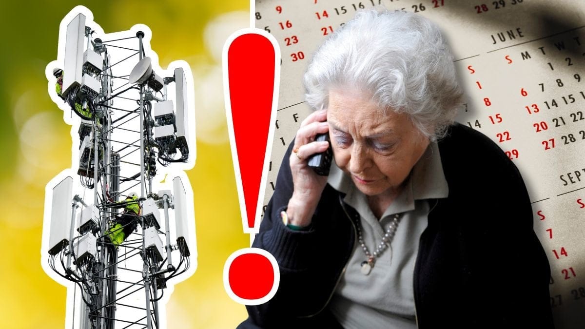5G-mast, en äldre kvinna som pratar i telefon och en kalender