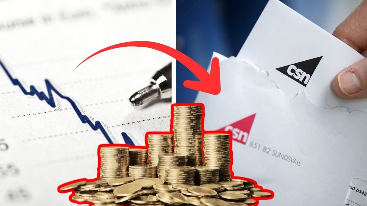 Graf till vänster, utklippta mynt i en hög i mitten. Hand som håller brev från CSN till höger. En röd pil pekar på vänstra bilden till den högra.