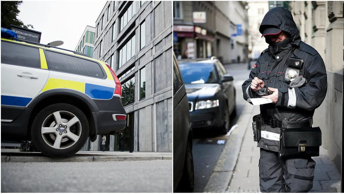 Bilden visar en polisbil och en parkeringsvakt