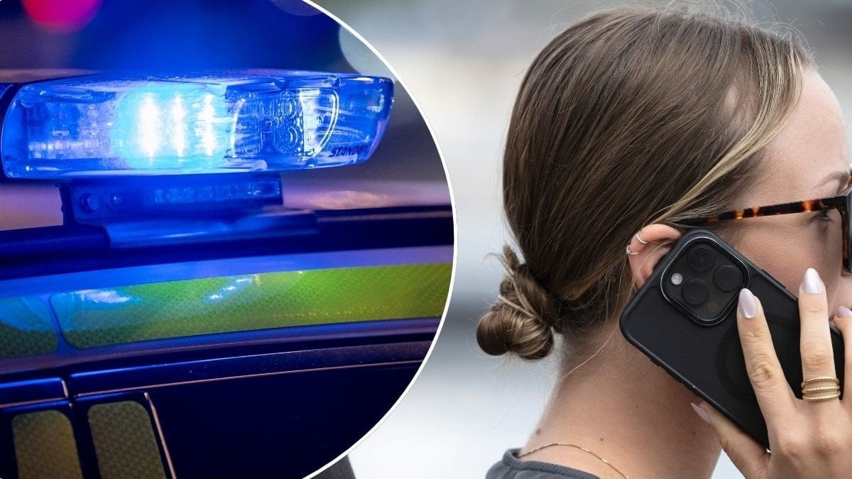 Bild på en polisbil med blåljus och en kvinna som pratar i telefon.