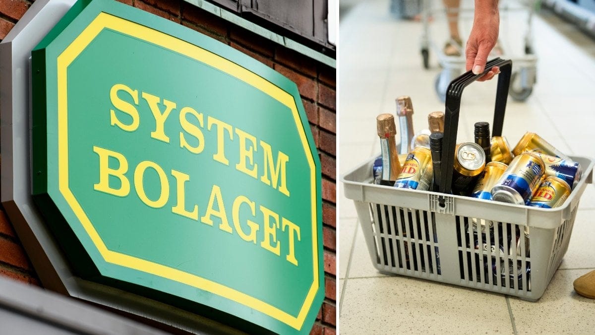 En bild på Systembolagets logga och en kundkorg med olika varor från Systembolaget.