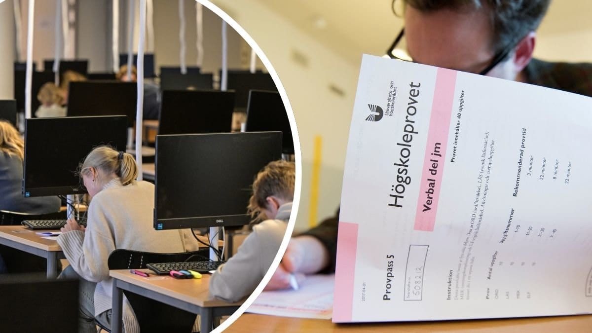 Personer vid skrivbord som skriver högskoleprovet och ett häfte från högskoleprovet