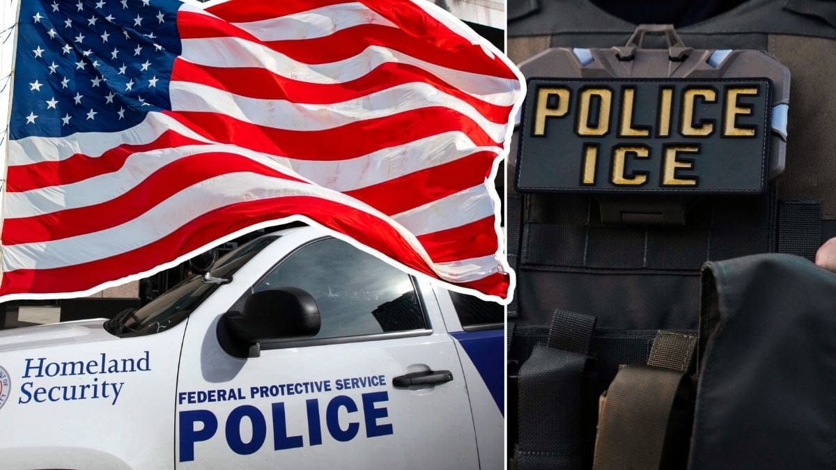 Amerikansk polisbil, polisman från ICE samt USA:s flagga.