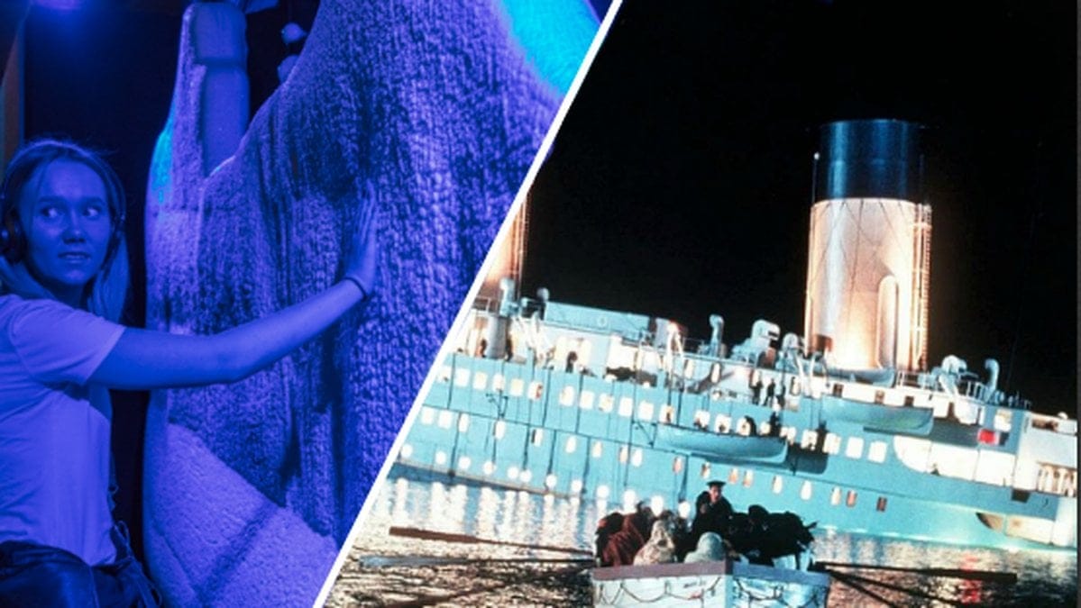 Besökare på världsutställningen om Titanic / Bild från filmen Titanic från 1997