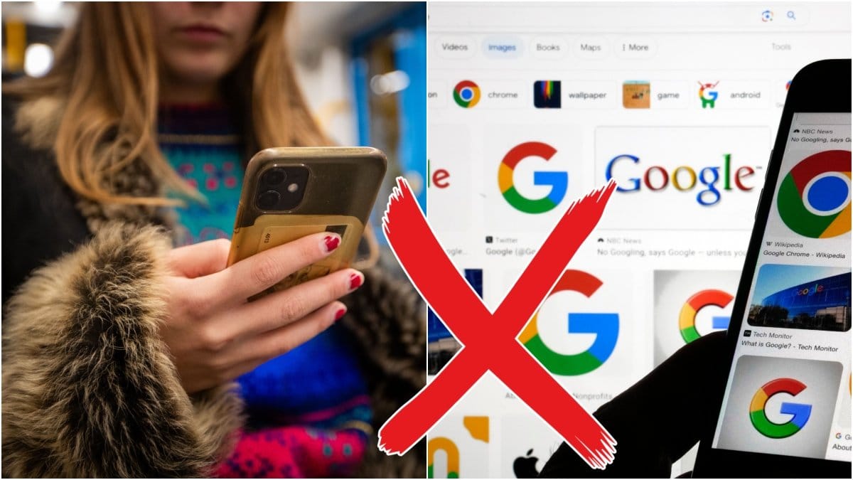 Bild på en tjej som håller i en mobiltelefon och en dator med gmail google appen.