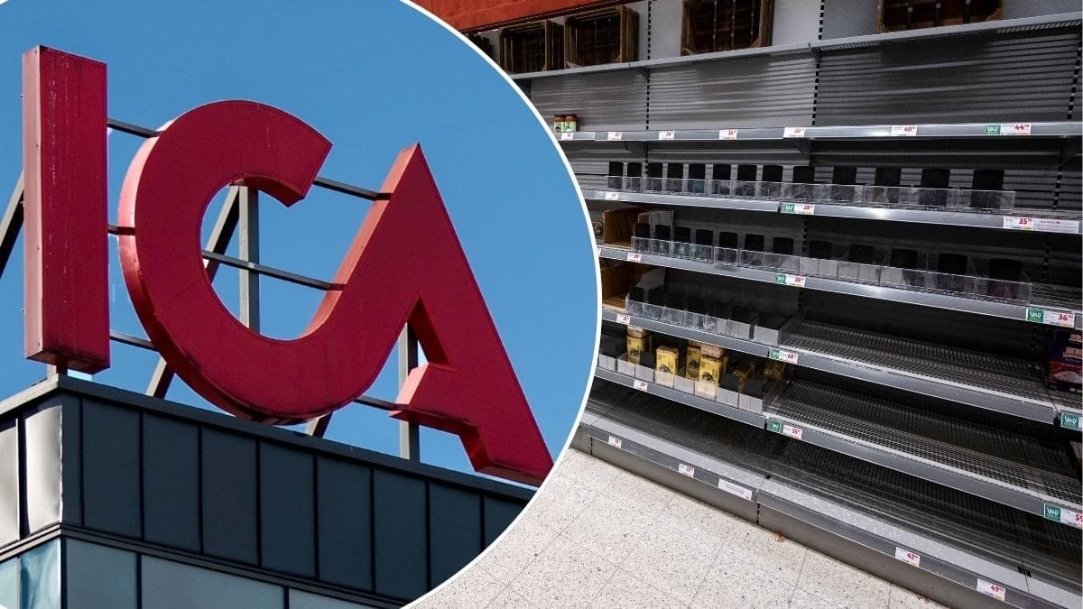 Bilder på tomma butikshyllor och en Ica-skylt.